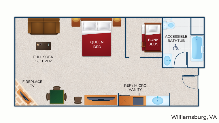The floor plan for the accessible KidCabin Suite (Accessible bathtub)